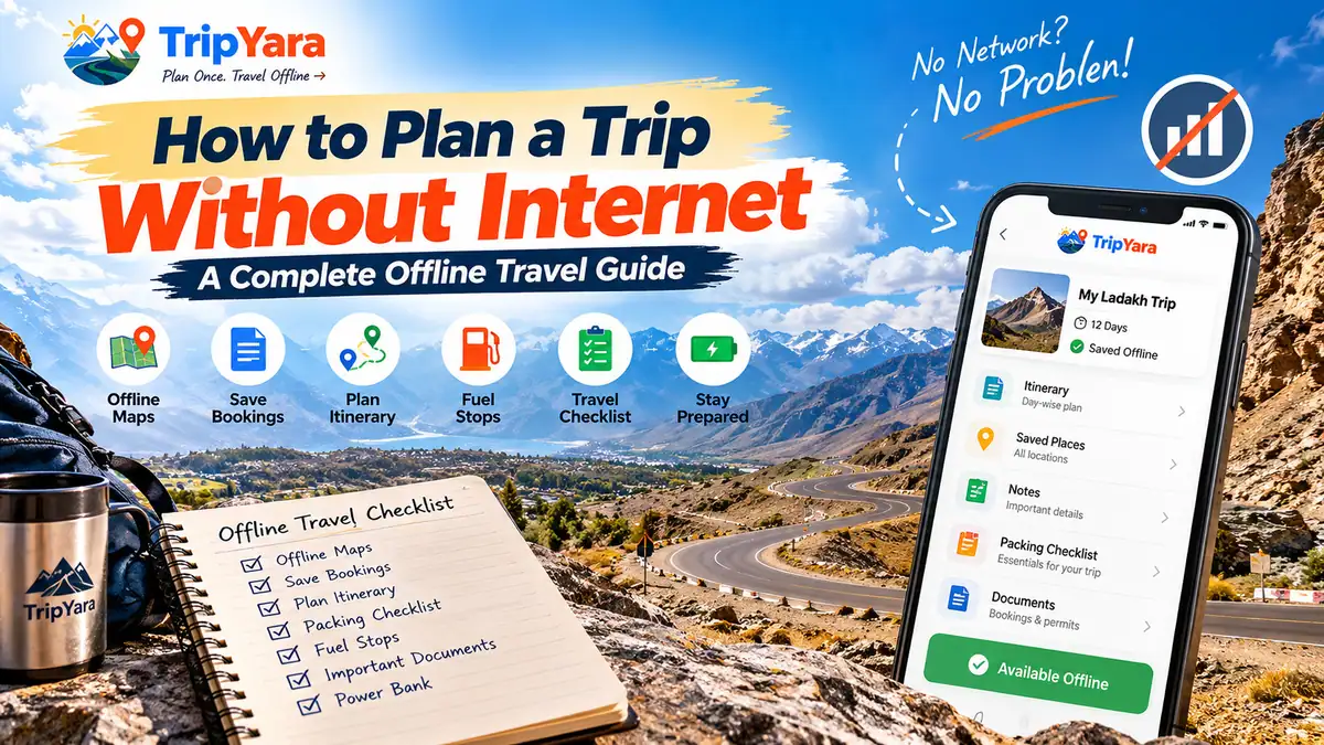 How to plan a trip without internet with TripYara offline travel guide, offline maps, saved itinerary and travel checklist