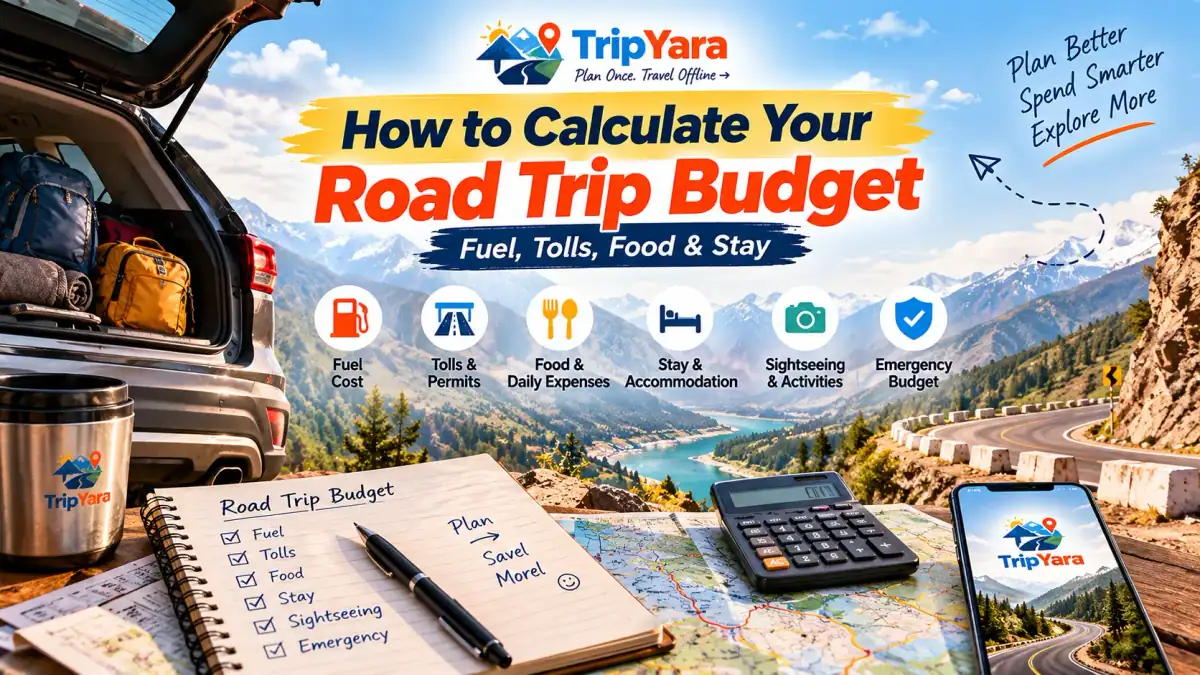 Road trip budget planner covering fuel, tolls, food, accommodation and sightseeing costs by TripYara