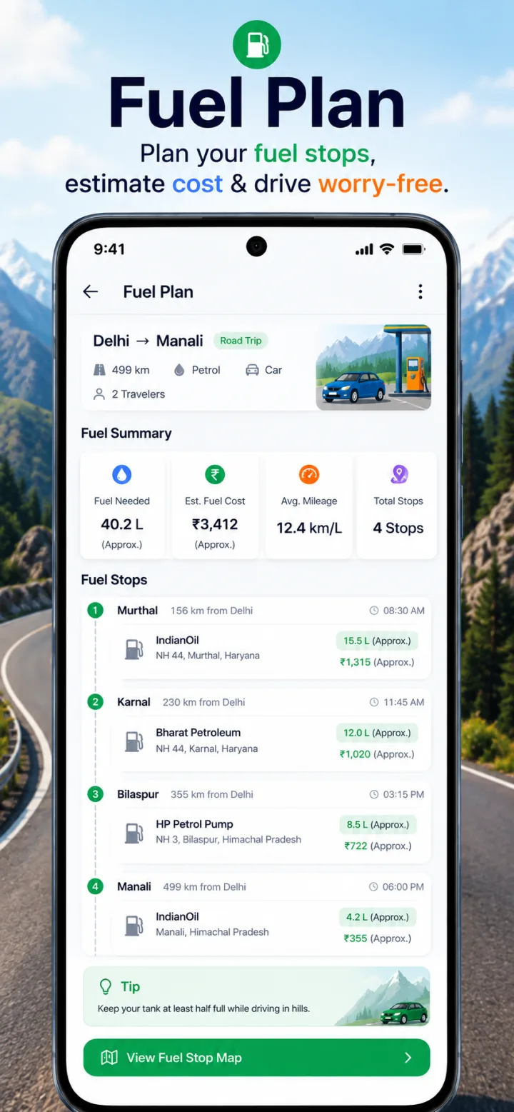 TripYara fuel plan for Delhi to Manali showing estimated fuel needed, estimated cost, mileage and four fuel stops