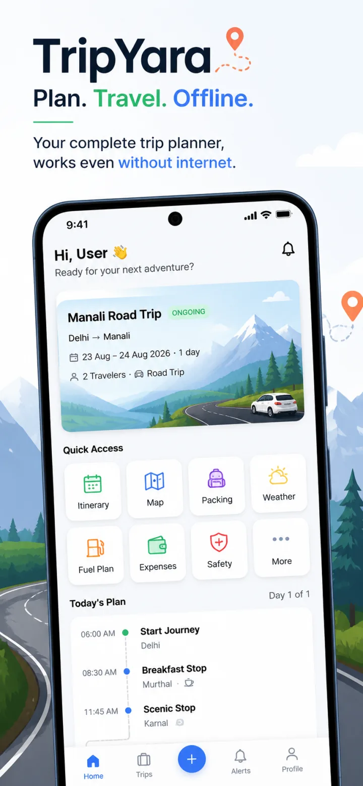 TripYara home screen with an ongoing Manali road trip, quick access tiles and today's timed plan