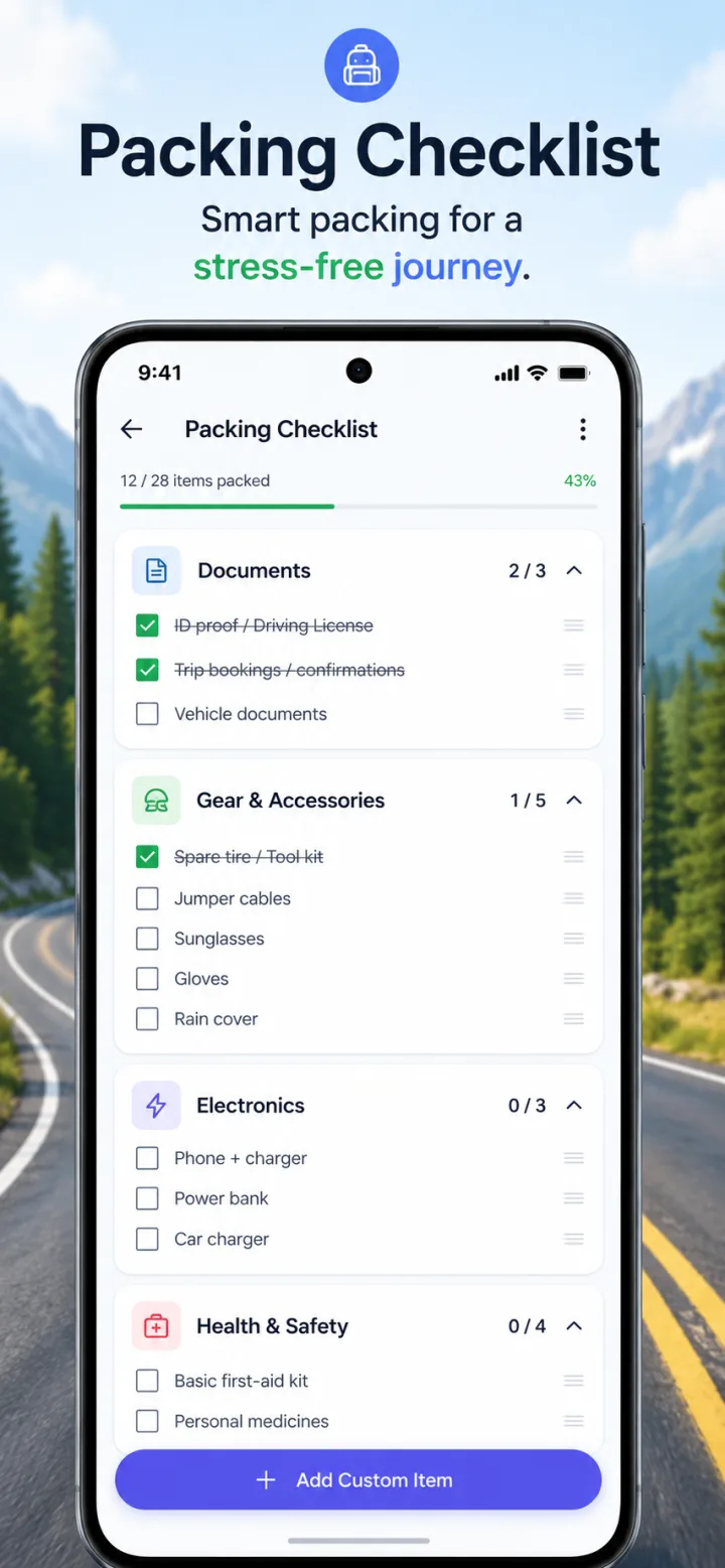TripYara packing checklist with progress bar and categories for documents, gear, electronics and health