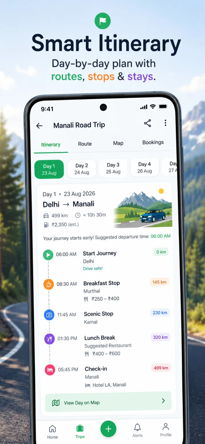Day-by-day itinerary with timed stops